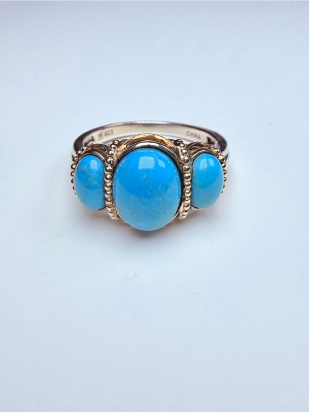 BOMA Southwestern Turquoise 925 Sterling Silver Concha 3 Stone Trinity Ring
